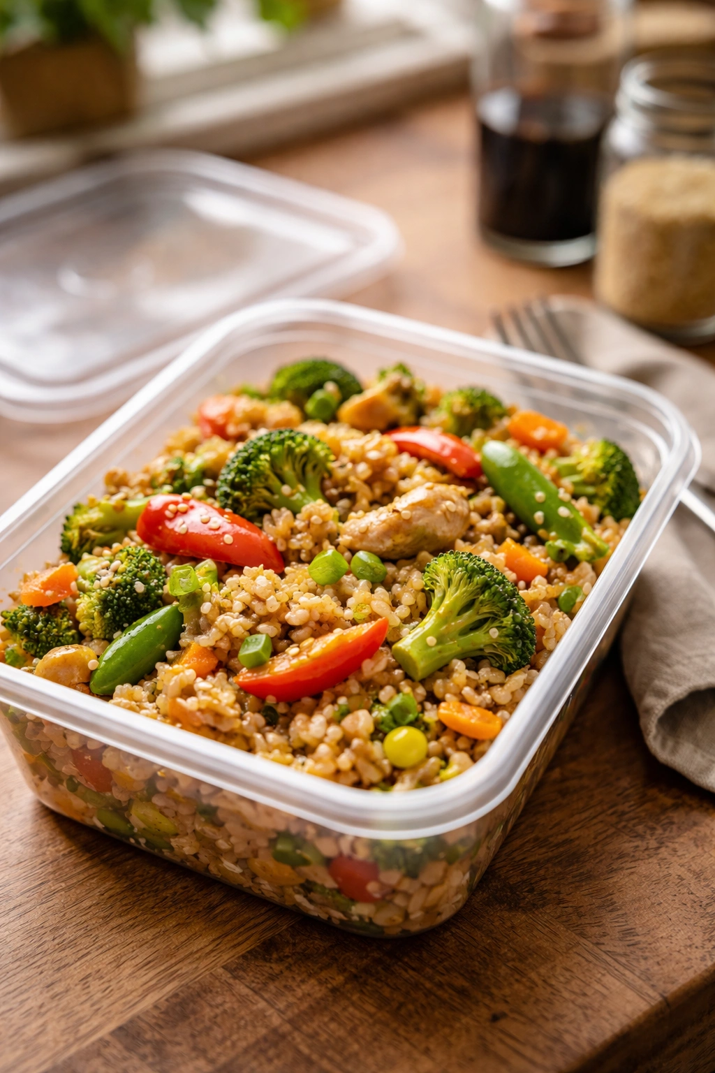Close-up of an open stir-fry rice box with vegetables and sauce on a kitchen counter
