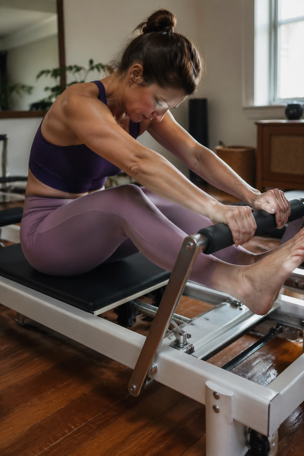 Close-up of a person performing Stomach Massage Pulses on a reformer with rounded spine