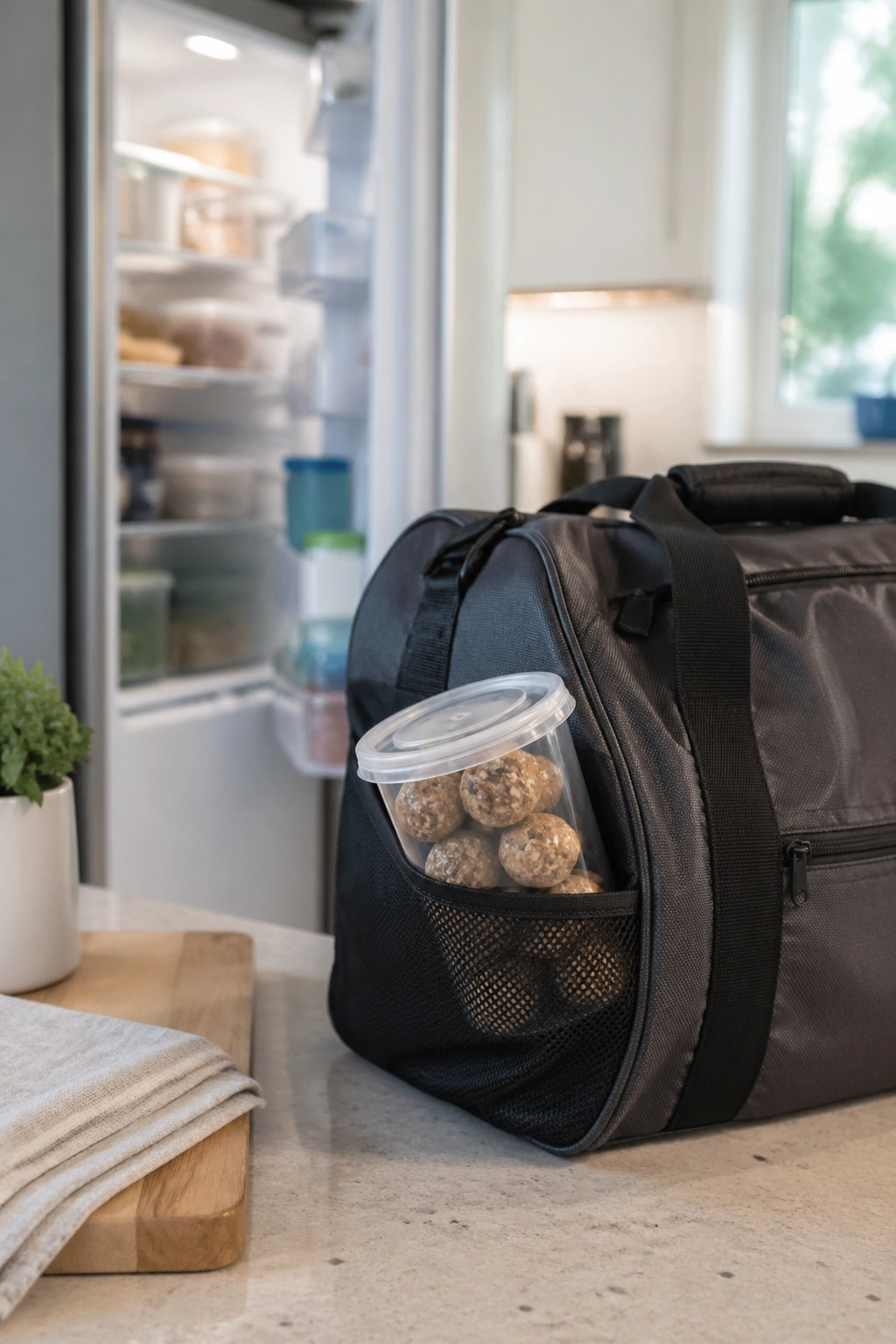 Gym bag with protein balls and fridge in background