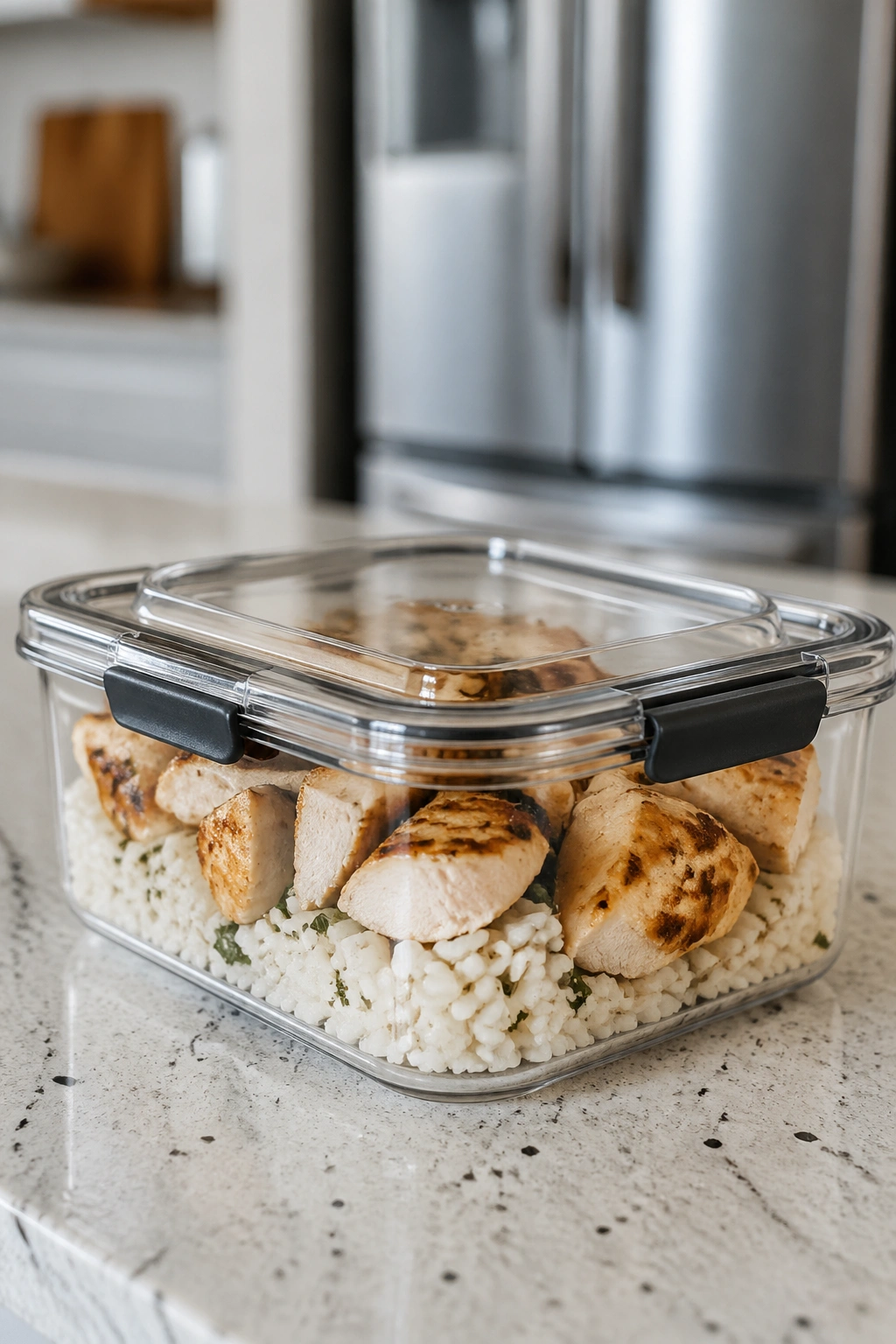 Close-up of sealed meal-prep container with chicken and rice on a kitchen counter
