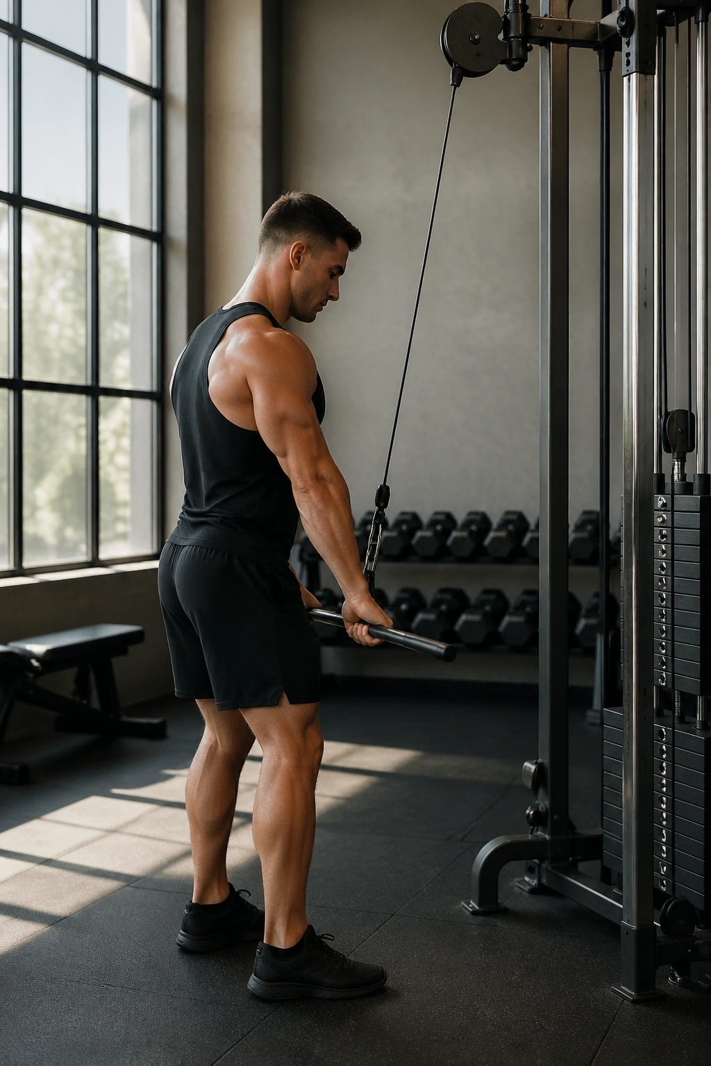 Athlete performing straight-arm pulldown to isolate lats
