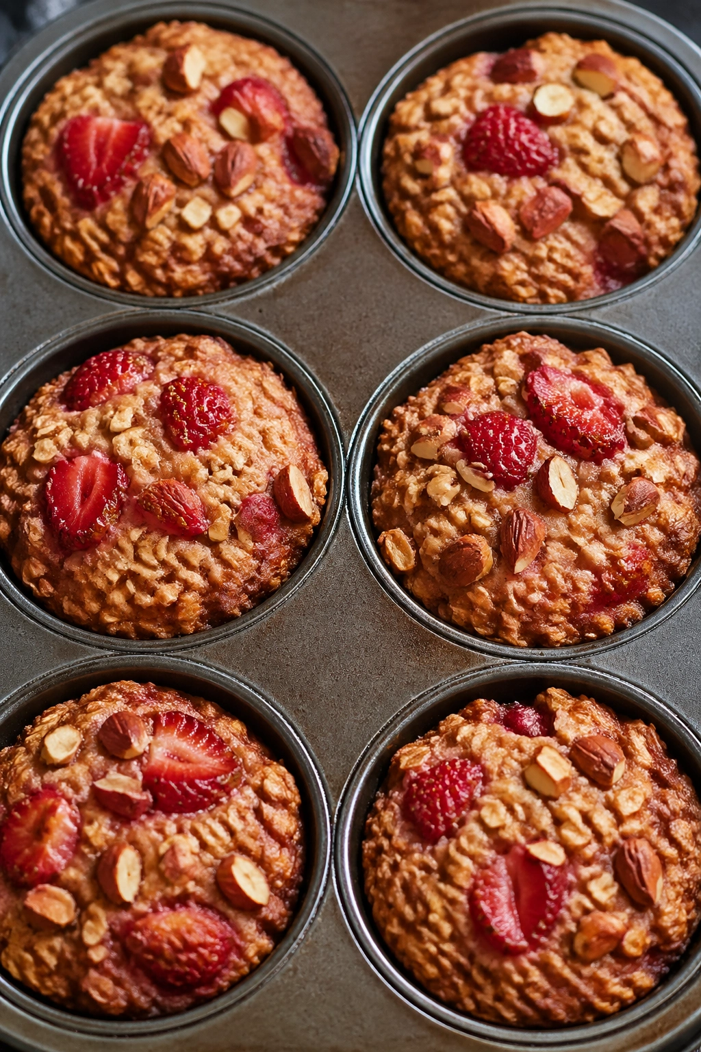 Close-up of strawberry almond baked oatmeal cups in a muffin tin on a kitchen counter