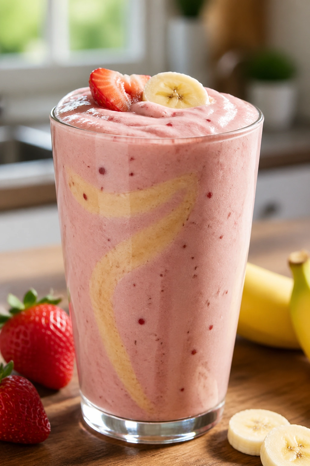Close-up of a glass of Strawberry Banana Greek Yogurt Shake on a kitchen counter