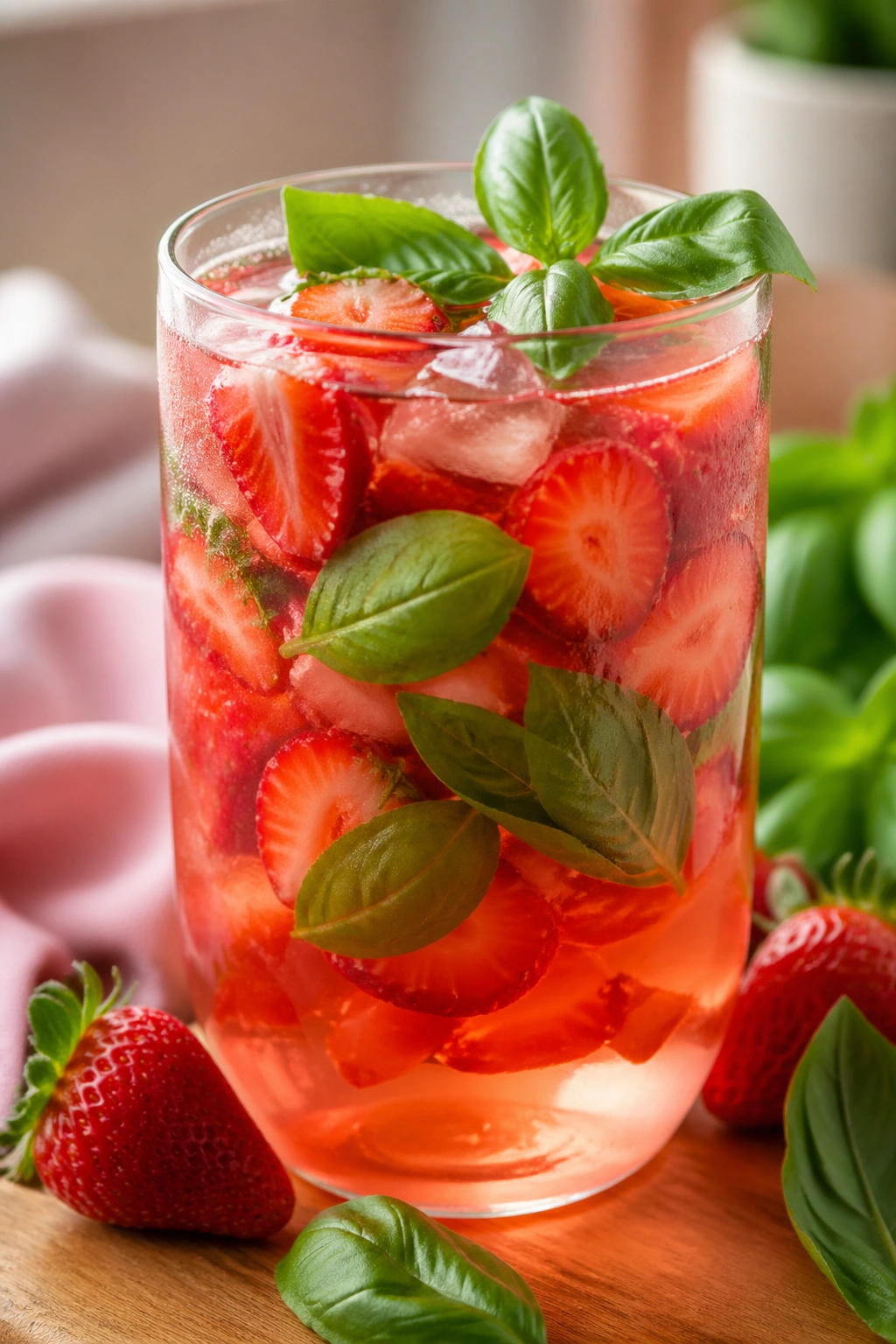 Glass of strawberry and basil infused water with crushed strawberries and basil leaves