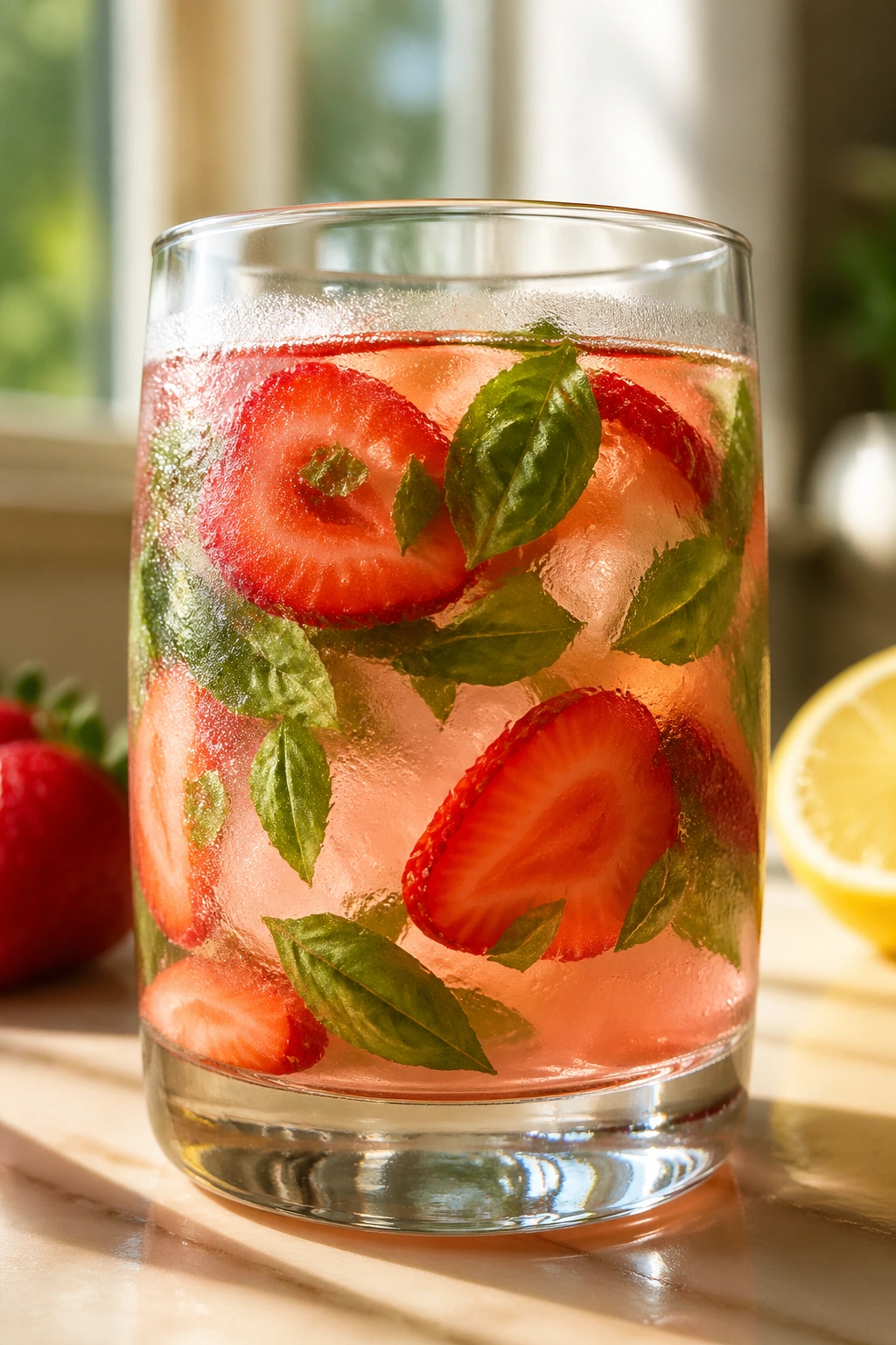 Glass of strawberry basil lemon water with fruit slices