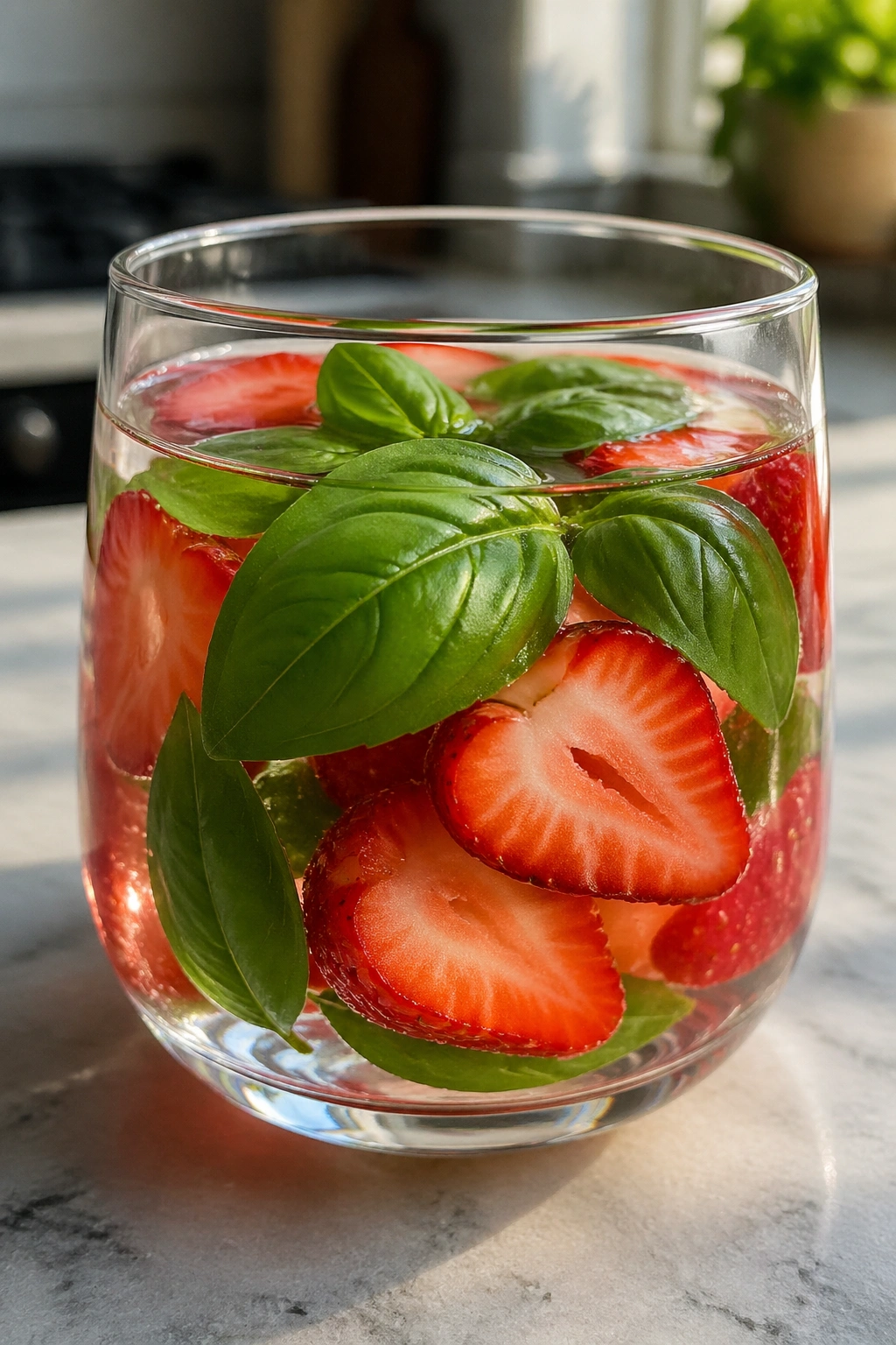 Close-up of strawberry basil water with strawberries and basil in a glass