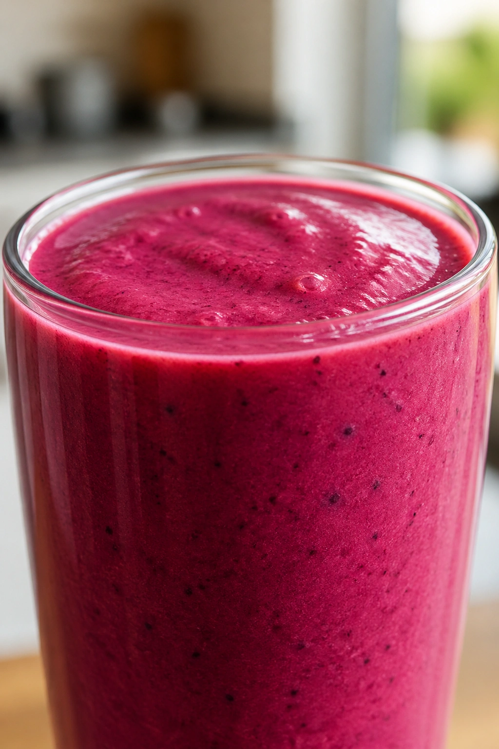Close-up of strawberry beet smoothie in a glass, vibrant pink hue