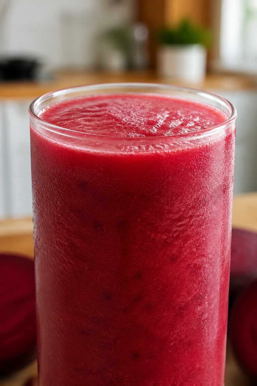 Close-up of Strawberry Beet Endurance Smoothie in glass