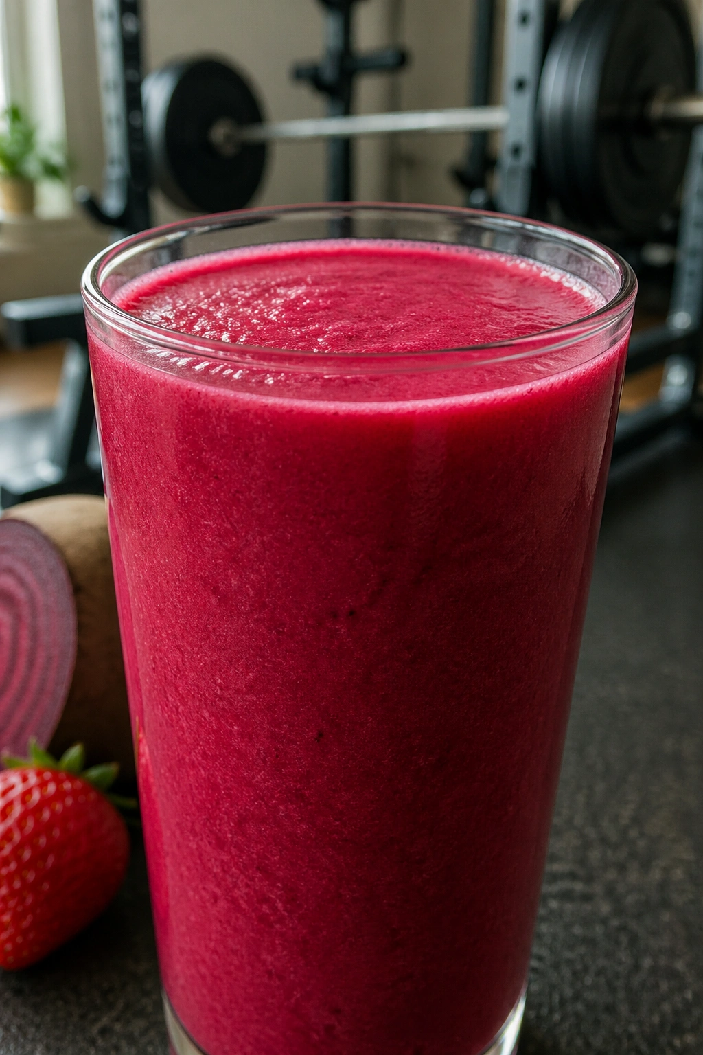 Bright pink strawberry beet smoothie in glass with gym background