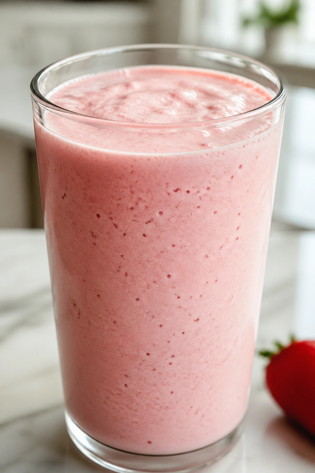 Close-up of a glass of strawberry cottage cheese smoothie on a bright kitchen counter