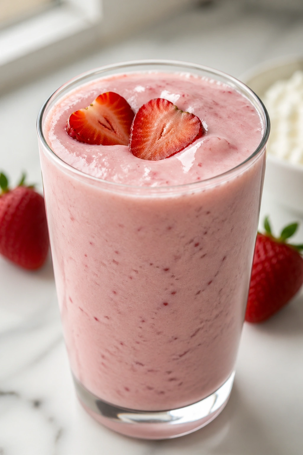 Close-up of Strawberry Cottage Cheese Smoothie in a glass on a kitchen counter