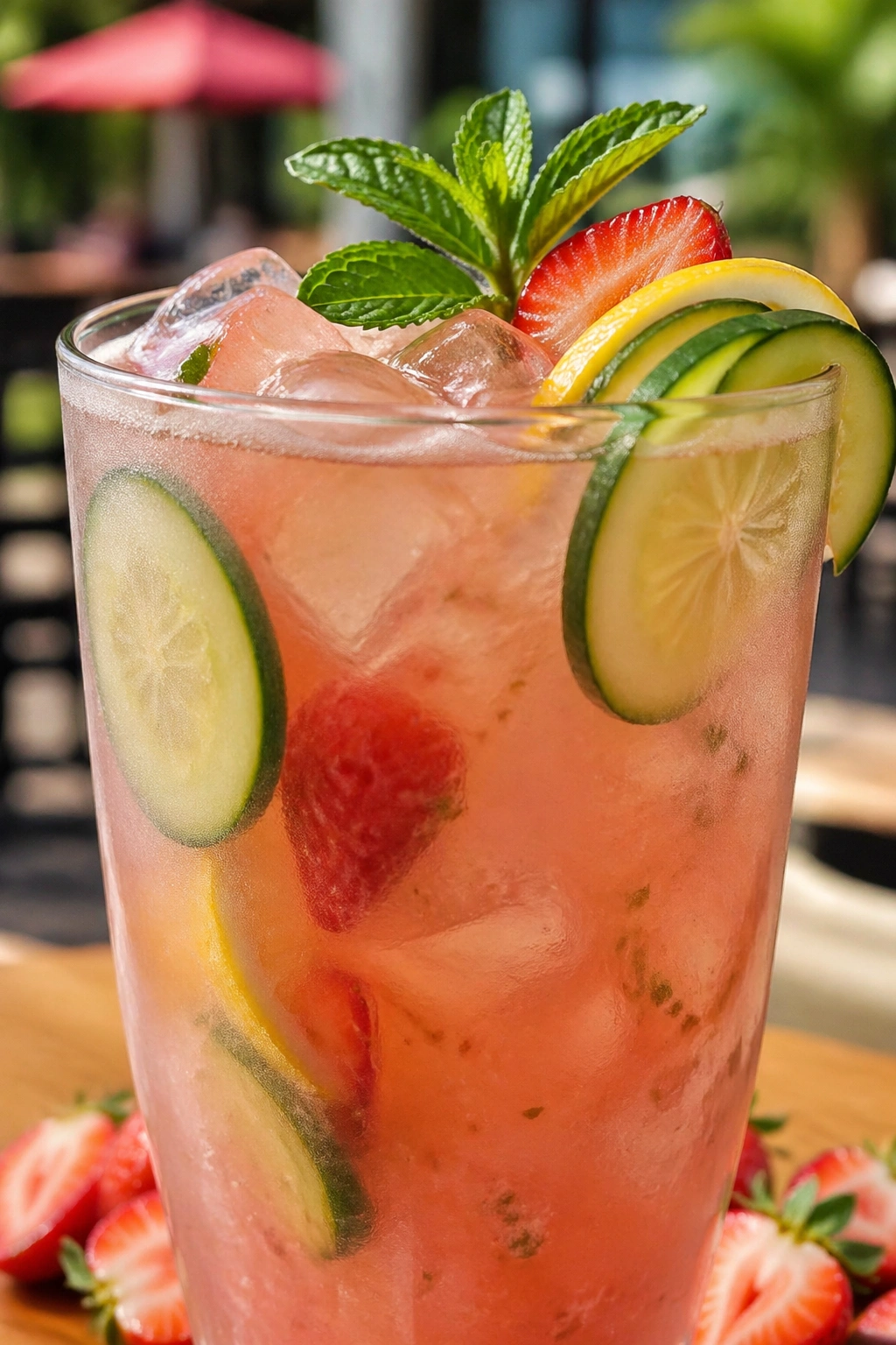 Close-up of Strawberry Cucumber Lemon Blend in a glass with strawberries and cucumber on a bright outdoor table