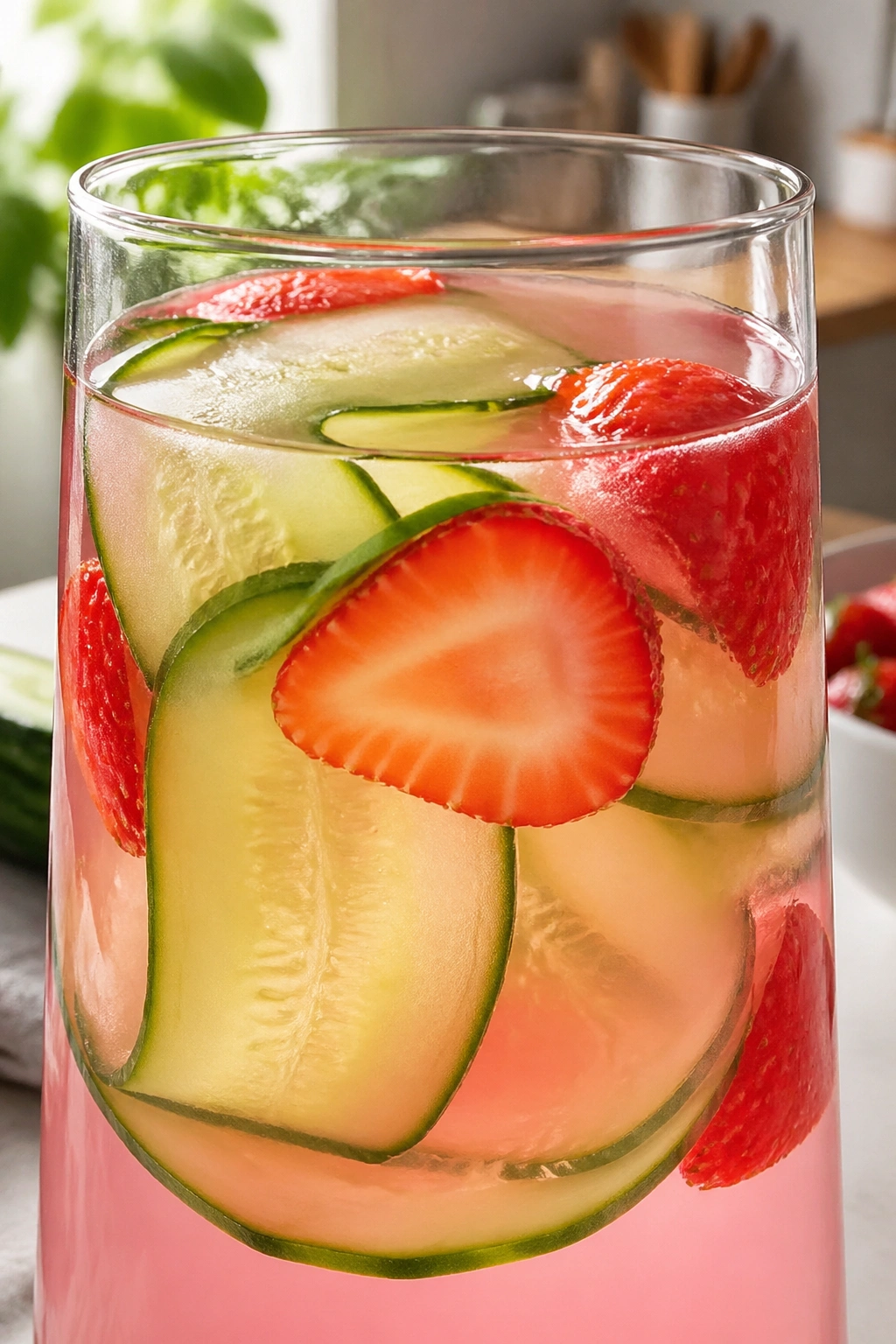 Close-up of strawberry and cucumber infused water in a glass