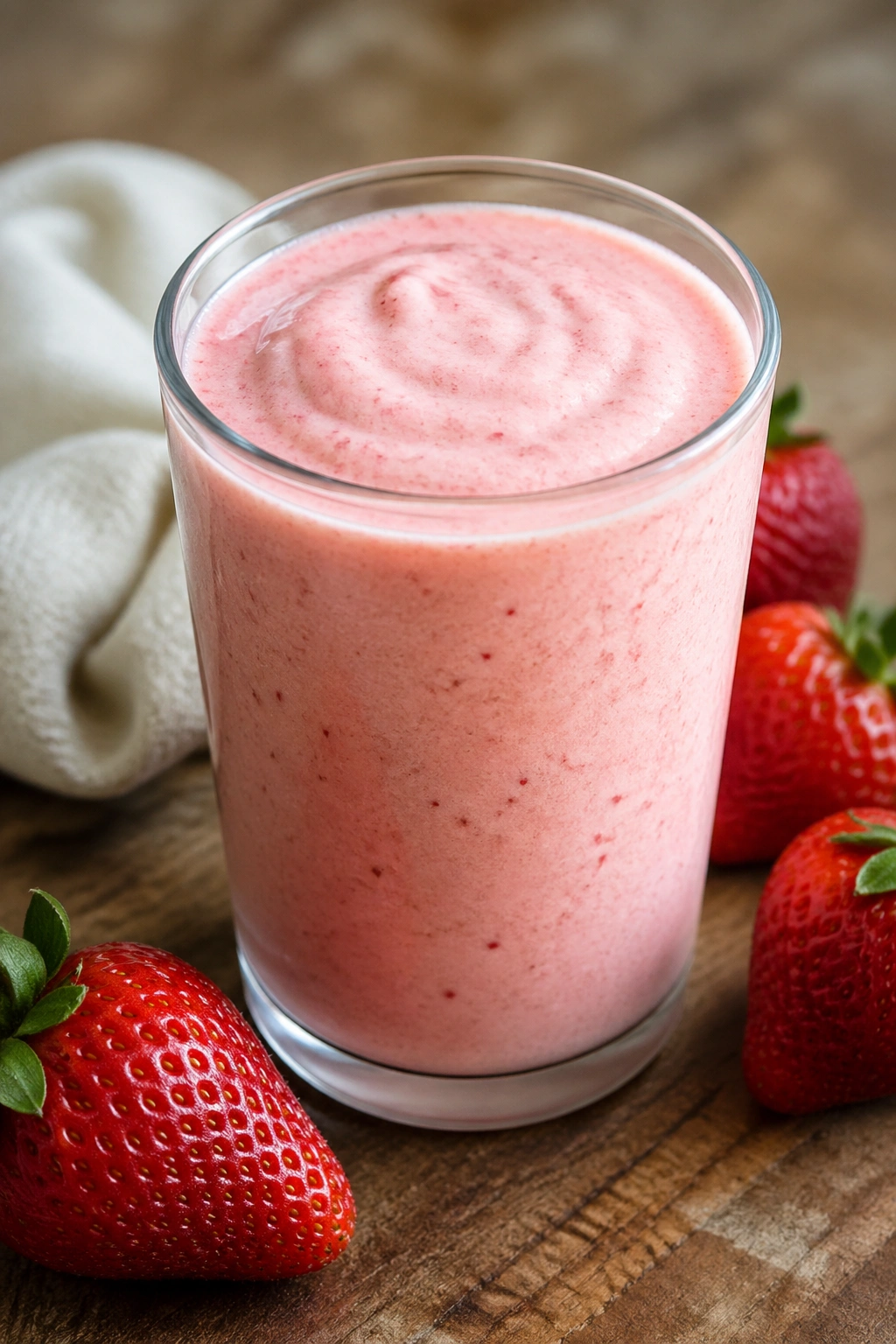 Strawberry yogurt lift shake in a glass with fresh strawberries