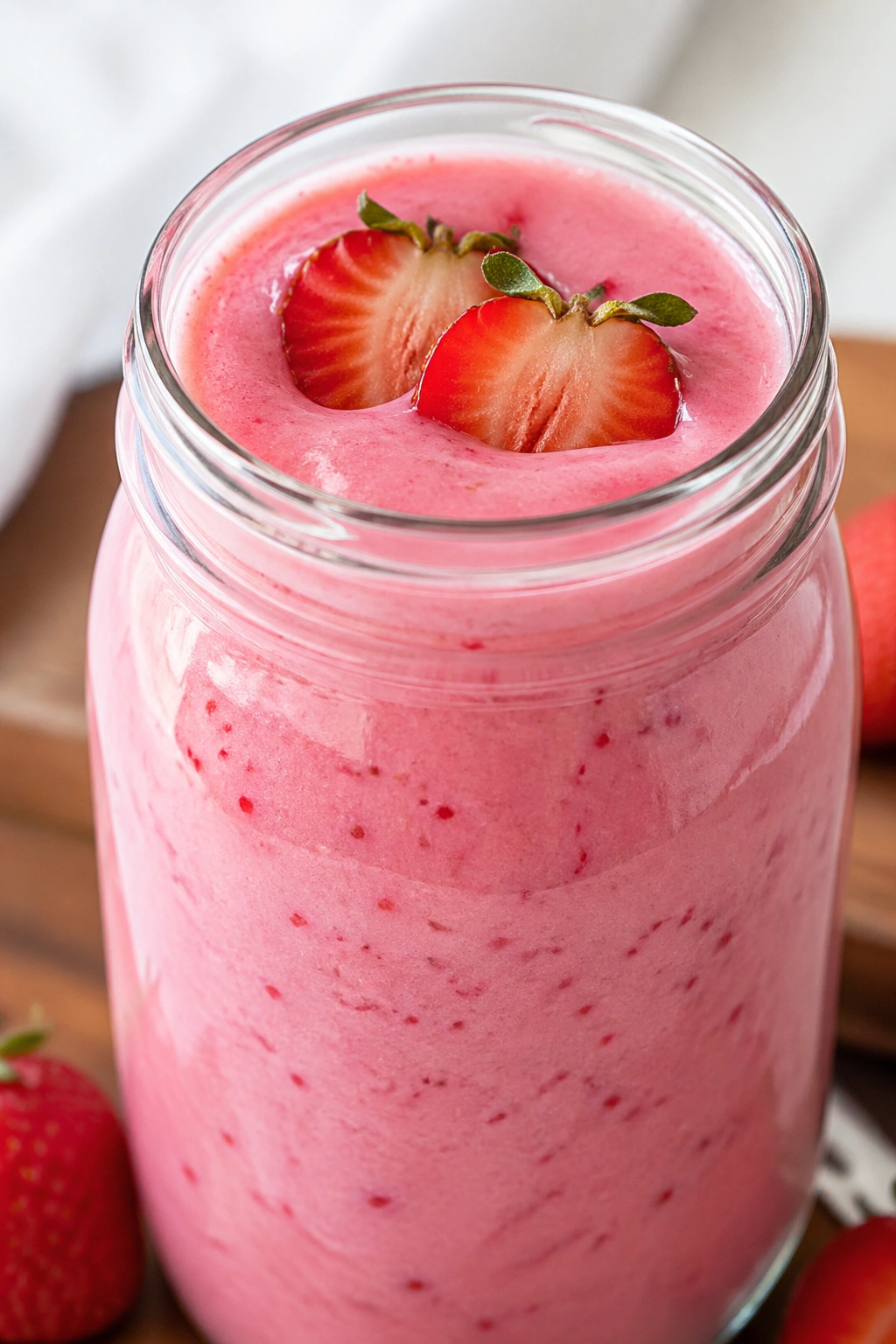 Close-up of a strawberry Greek yogurt energizer smoothie in a glass
