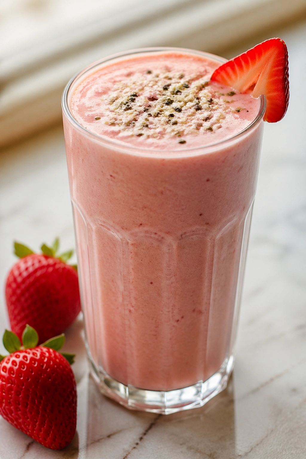 Pink strawberry hemp seed smoothie in a glass on a clean kitchen counter.