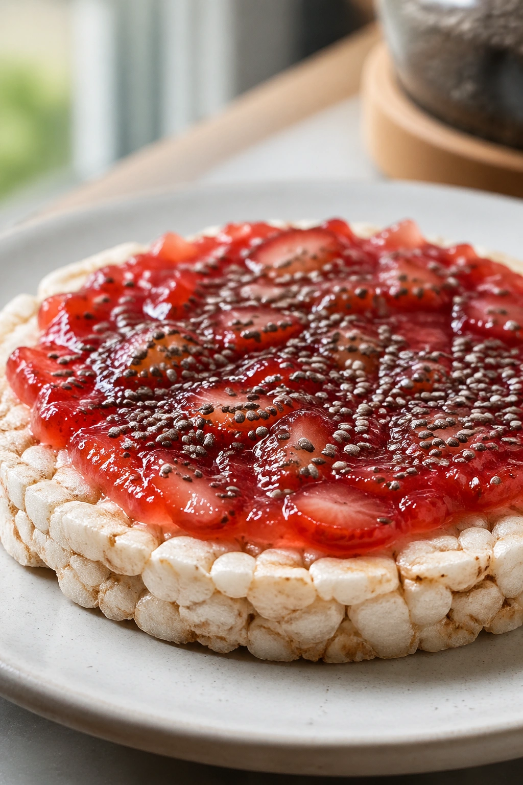 Rice cake topped with strawberry jam and chia seeds