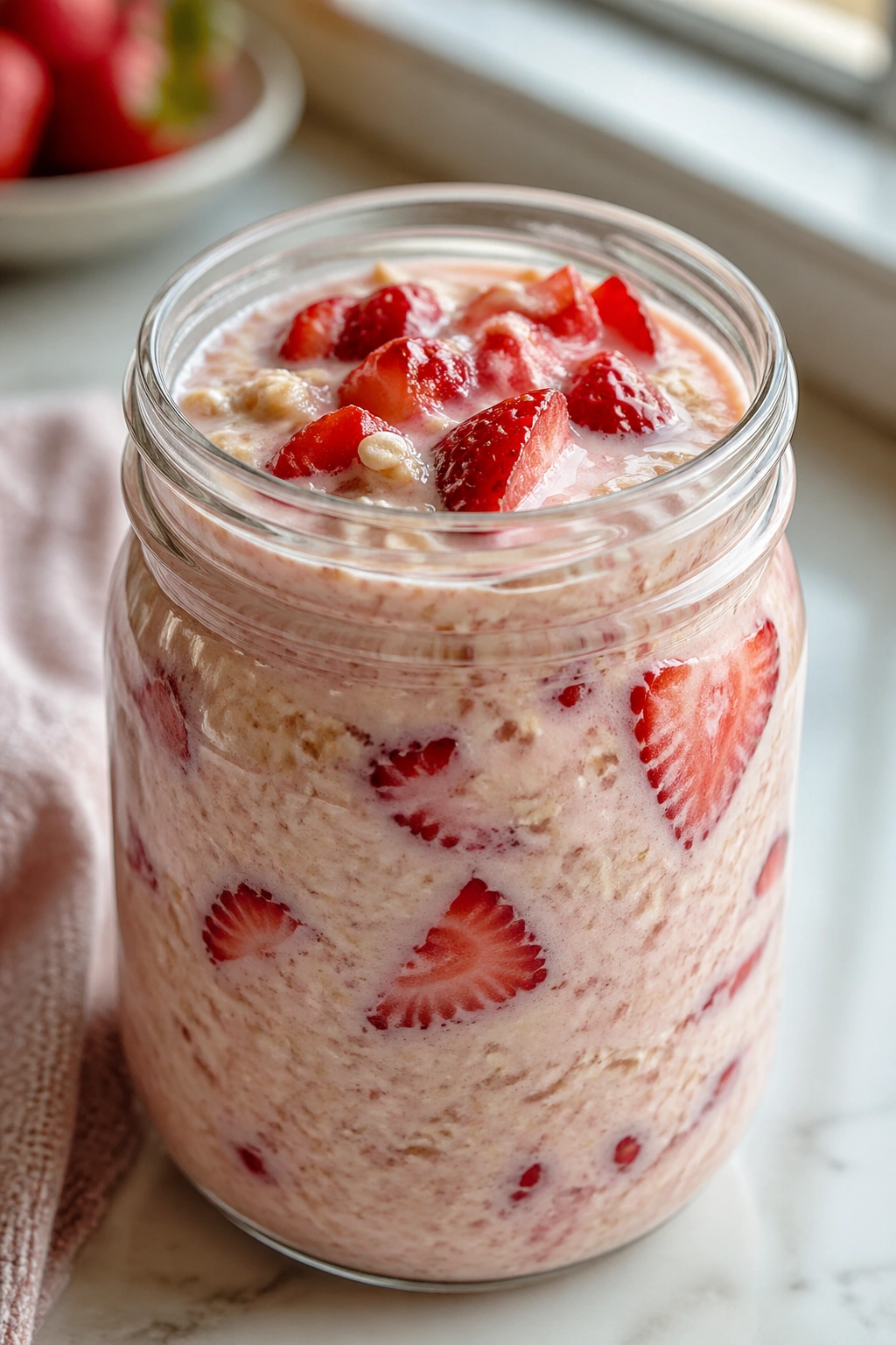Jar of strawberry kefir oats with strawberries visible