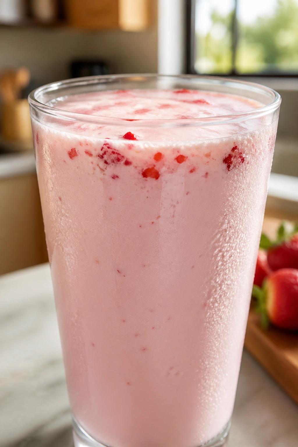 Close-up of a strawberry kefir recovery cup with pale pink smoothie on a kitchen counter