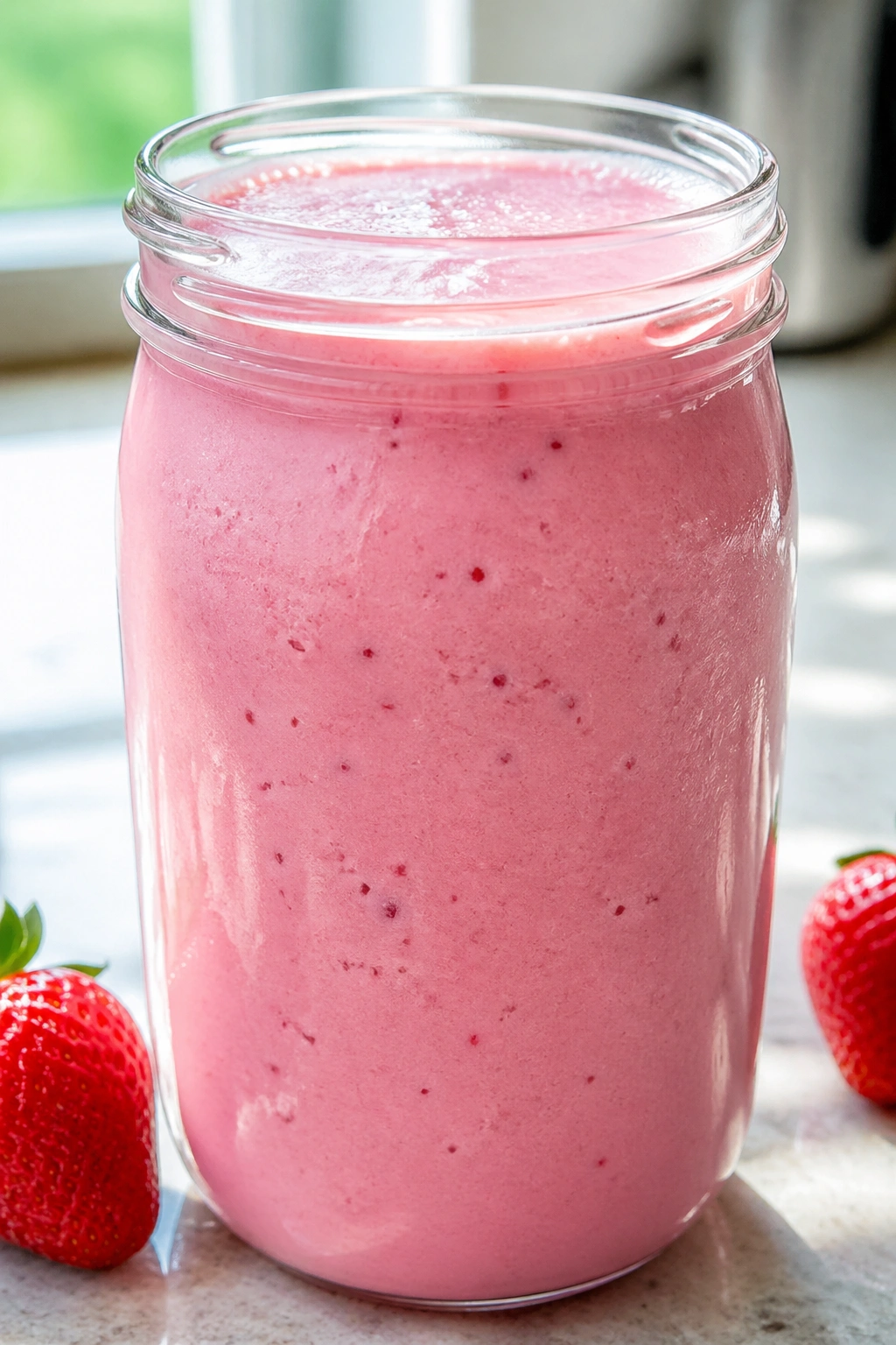 Close-up of a glass jar of strawberry kefir recovery smoothie on a bright kitchen counter
