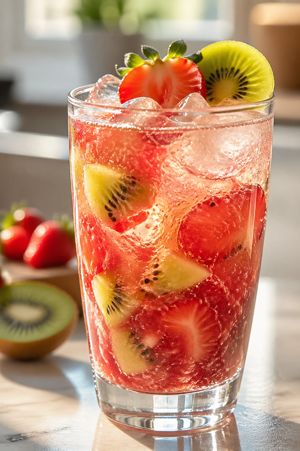 Glass of Strawberry Kiwi Spark Lift with muddled berries and sparkling water on a sunny kitchen counter.