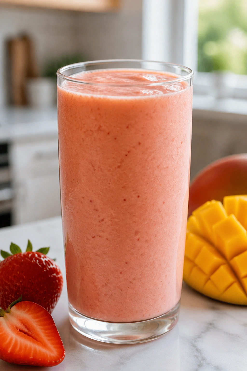 Glass of Strawberry Mango Kefir Shake with pink-orange hue