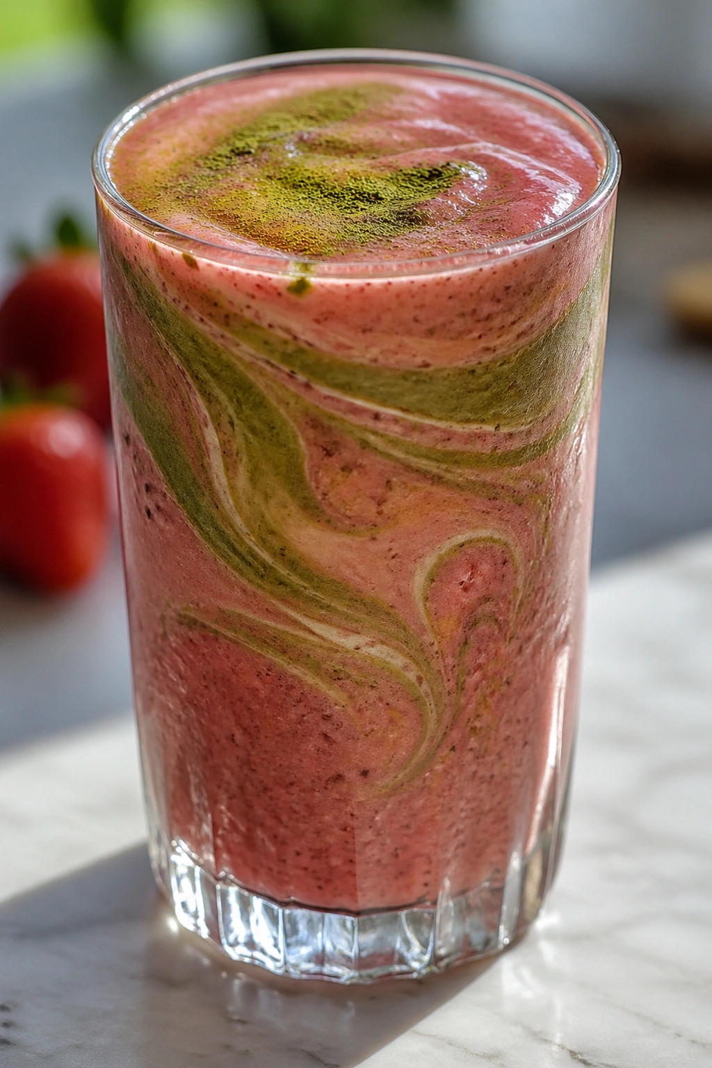 Close-up of a strawberry matcha kefir smoothie in a glass on a kitchen counter