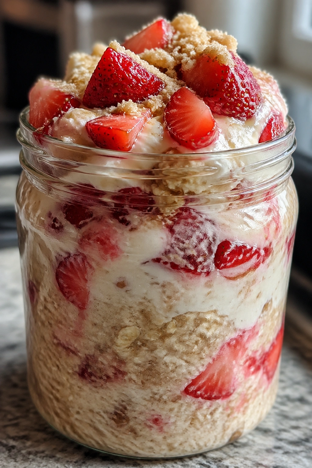 Jar of Strawberry Cheesecake Recovery Oats with strawberries
