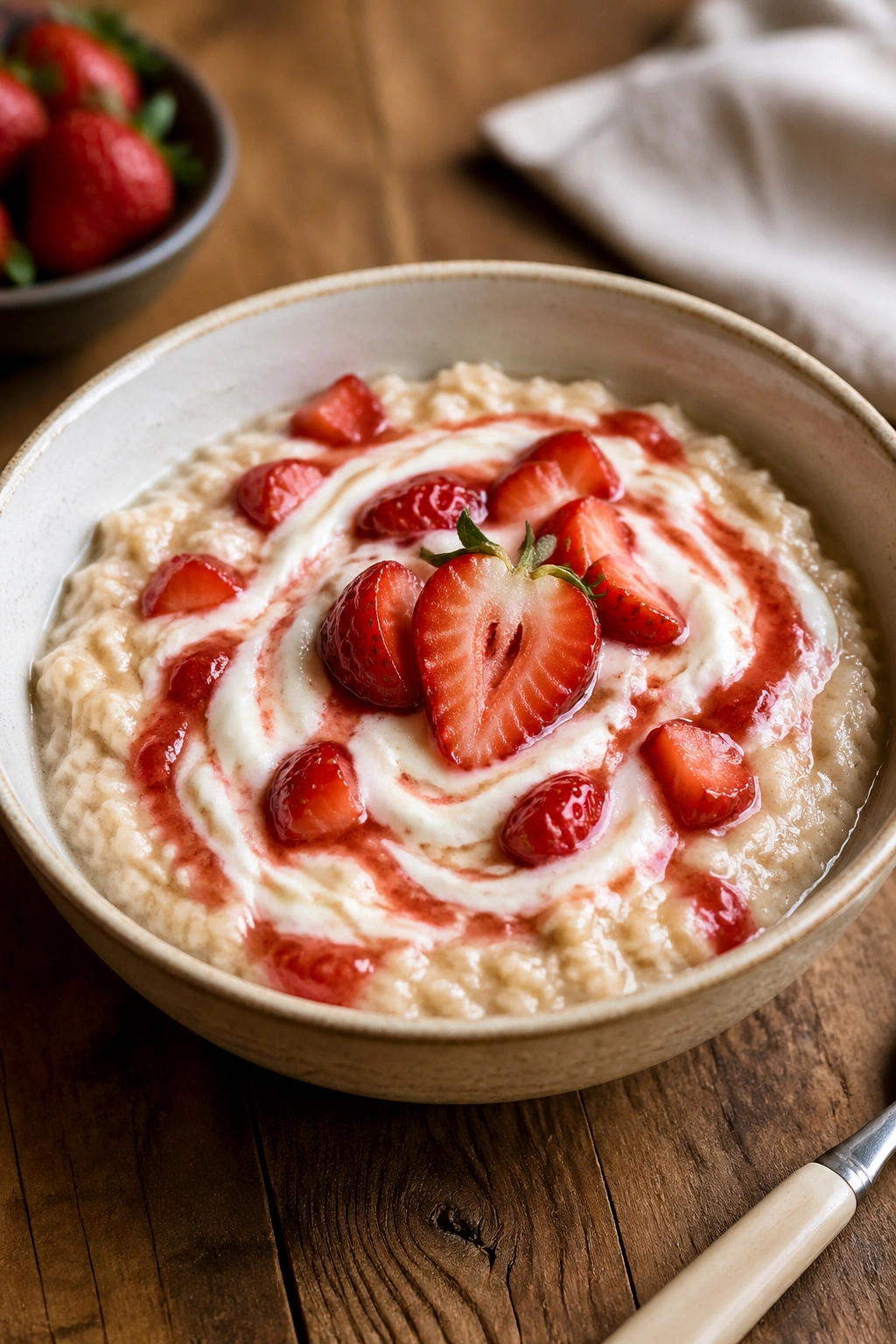 Close-up of strawberry yogurt oatmeal in a bowl on a wooden counter