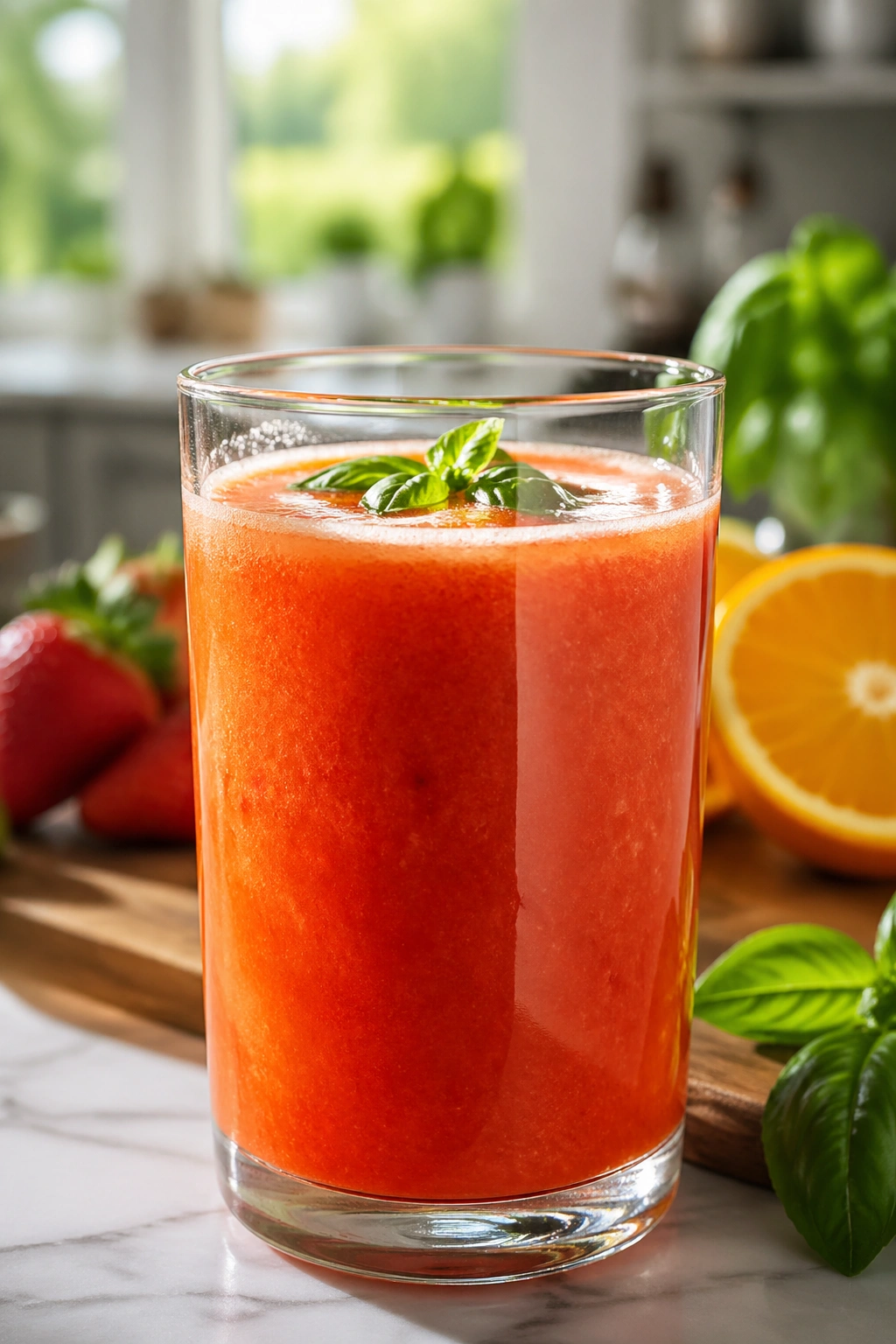 Close-up of a glass of strawberry orange basil juice in a sunlit kitchen