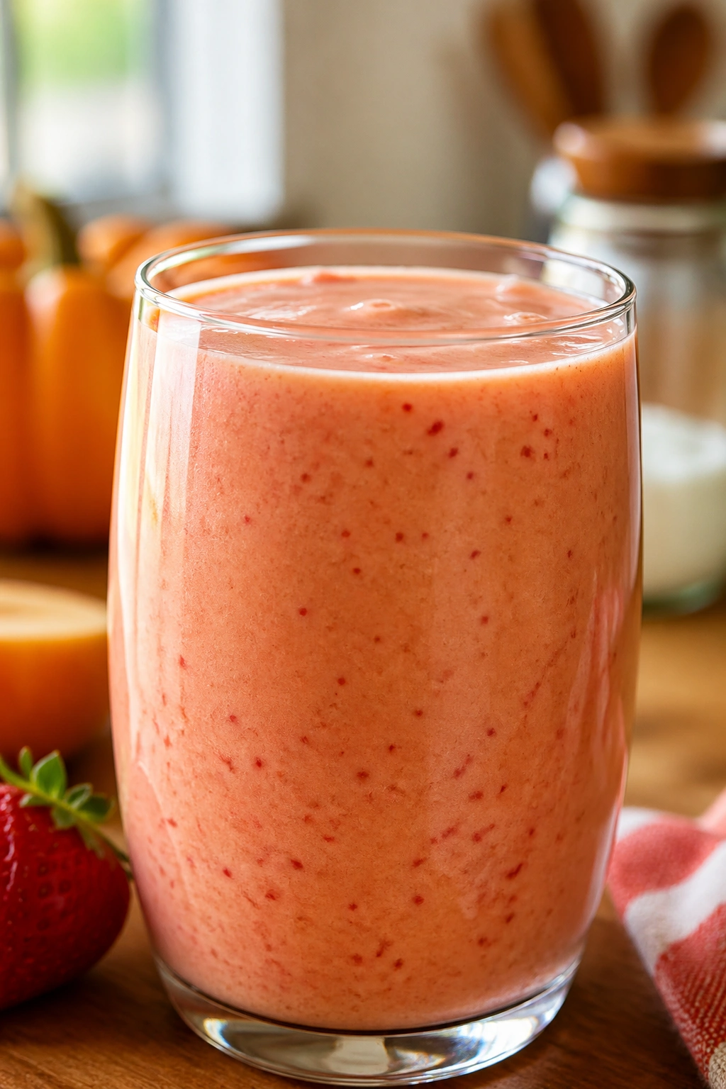 Close-up of Strawberry Pumpkin Spice Smoothie in a glass on a warm kitchen counter