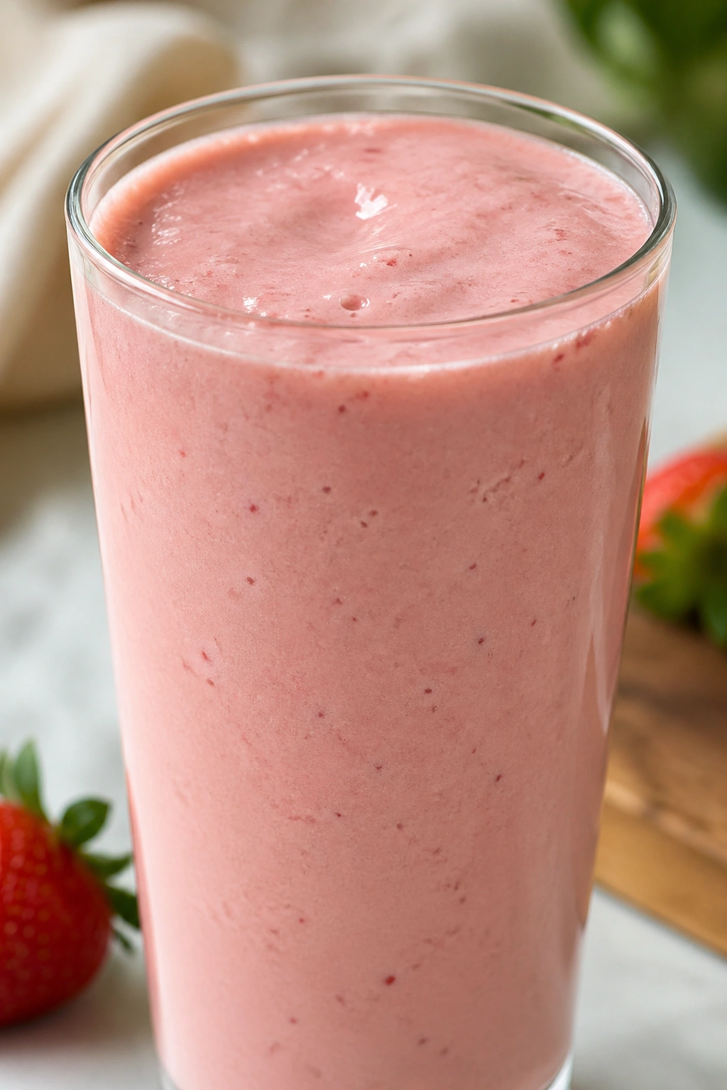 Glass of strawberry silken tofu smoothie on a kitchen counter with natural light.