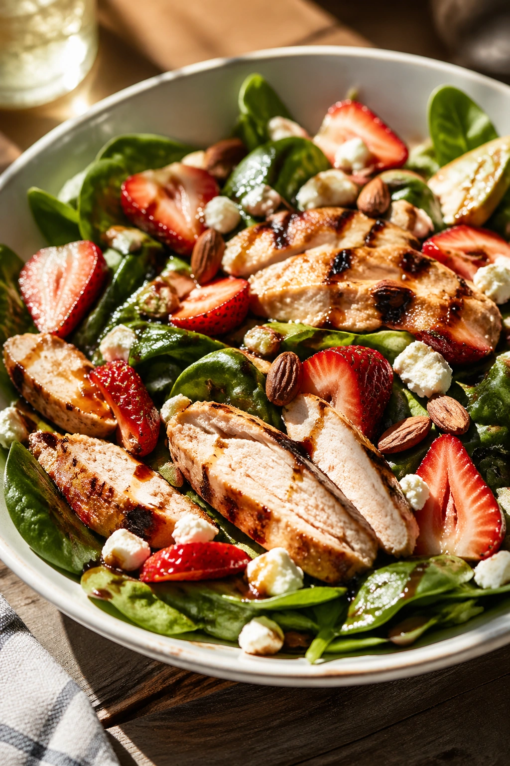 Close-up of strawberry spinach salad with grilled chicken in a bowl