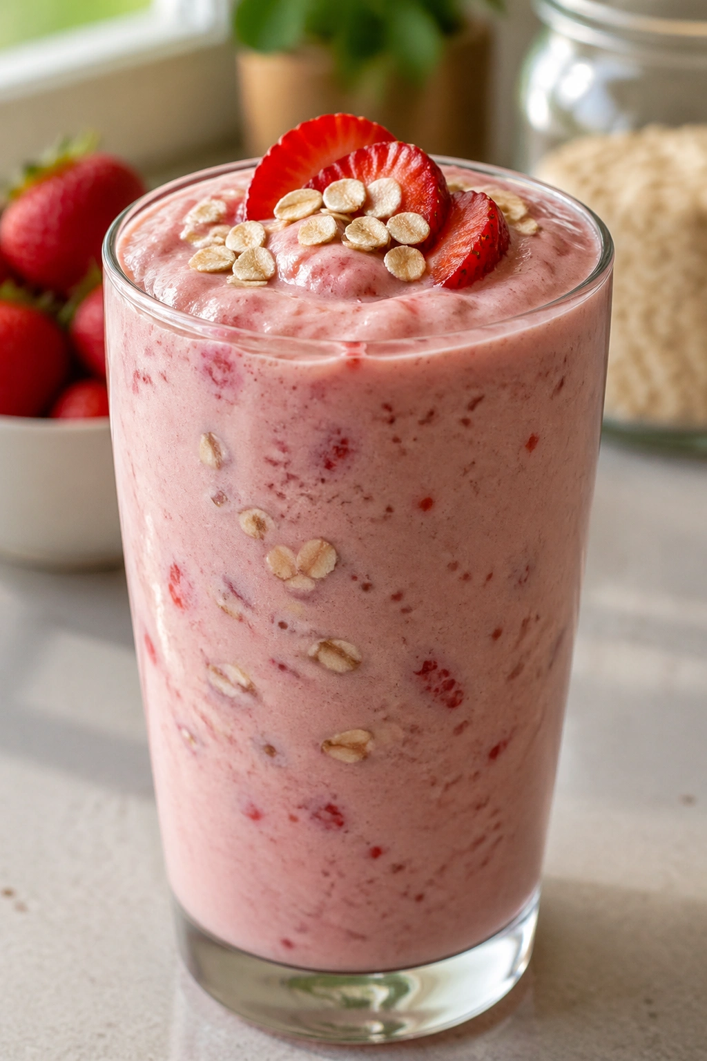 Strawberry Greek yogurt oat shake in a glass with oats texture