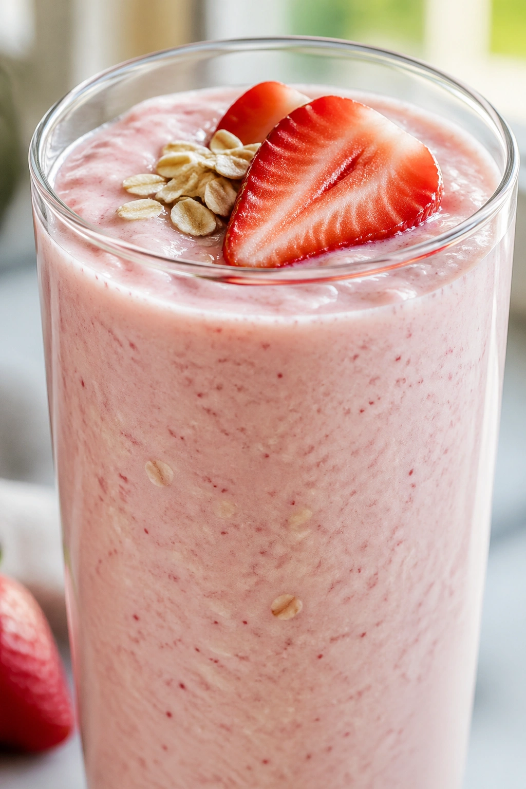 Strawberry Greek yogurt oat smoothie in a glass