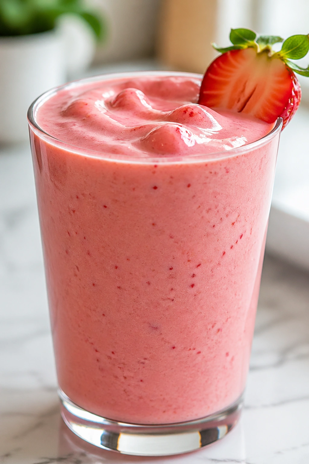 Vibrant strawberry yogurt smoothie in glass on bright kitchen island