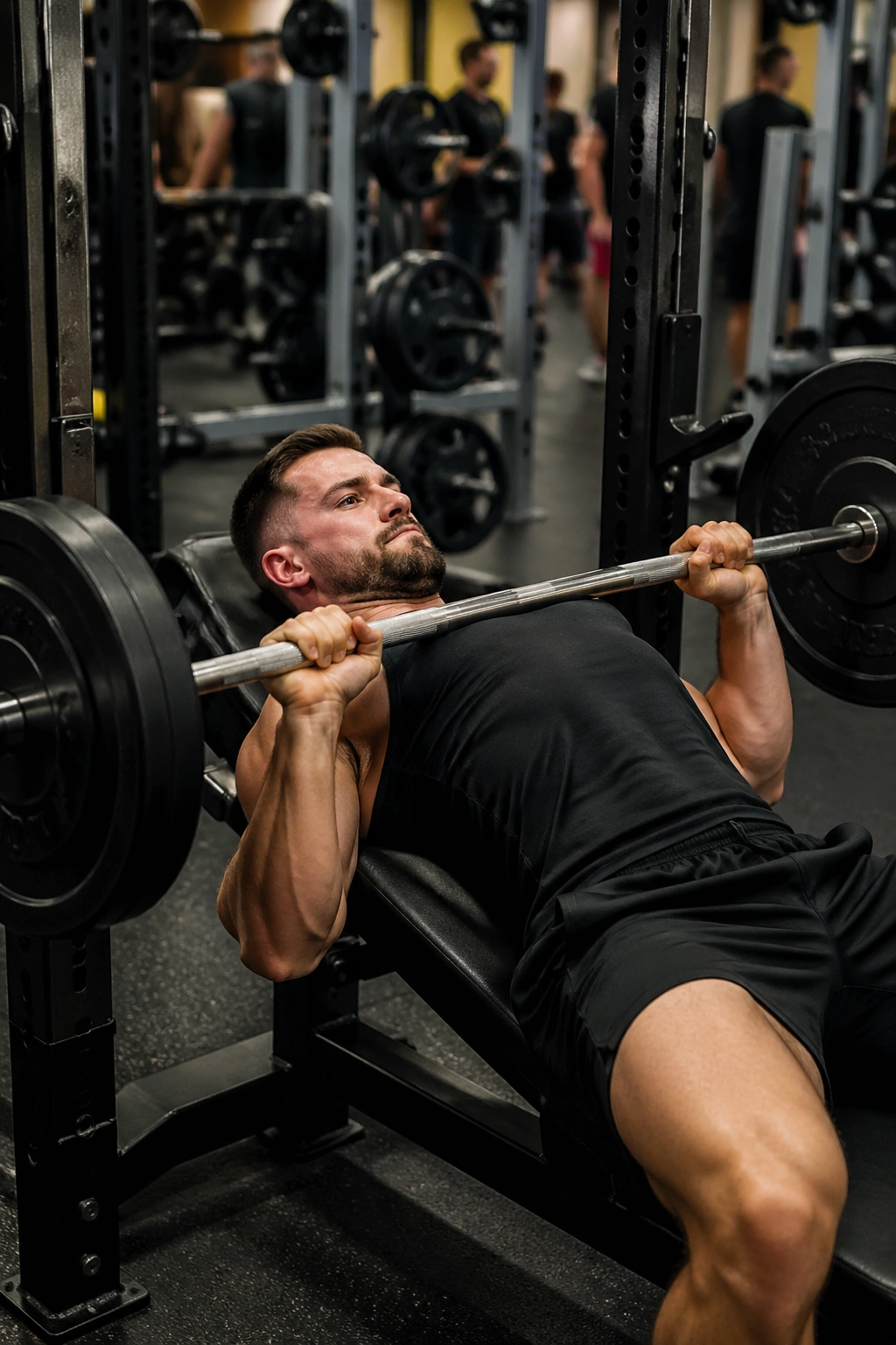 Lifter bench pressing in a gym with weights in the background