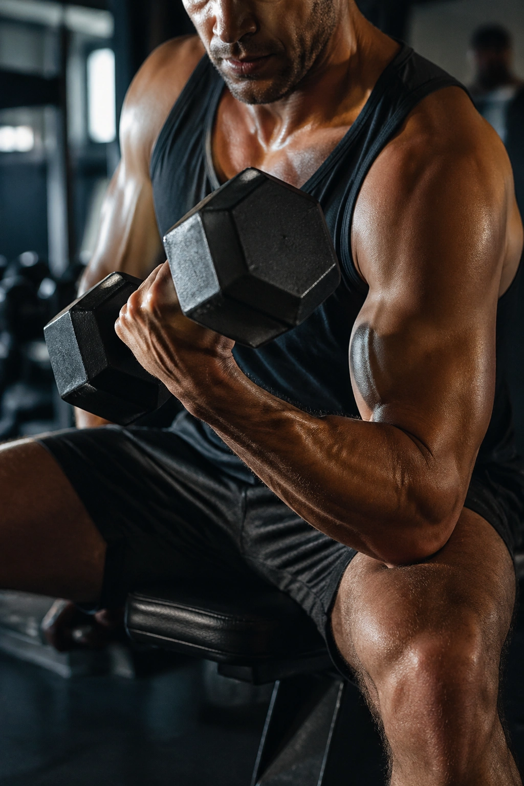 Close-up of a person lifting a dumbbell, forearm and bicep engaged
