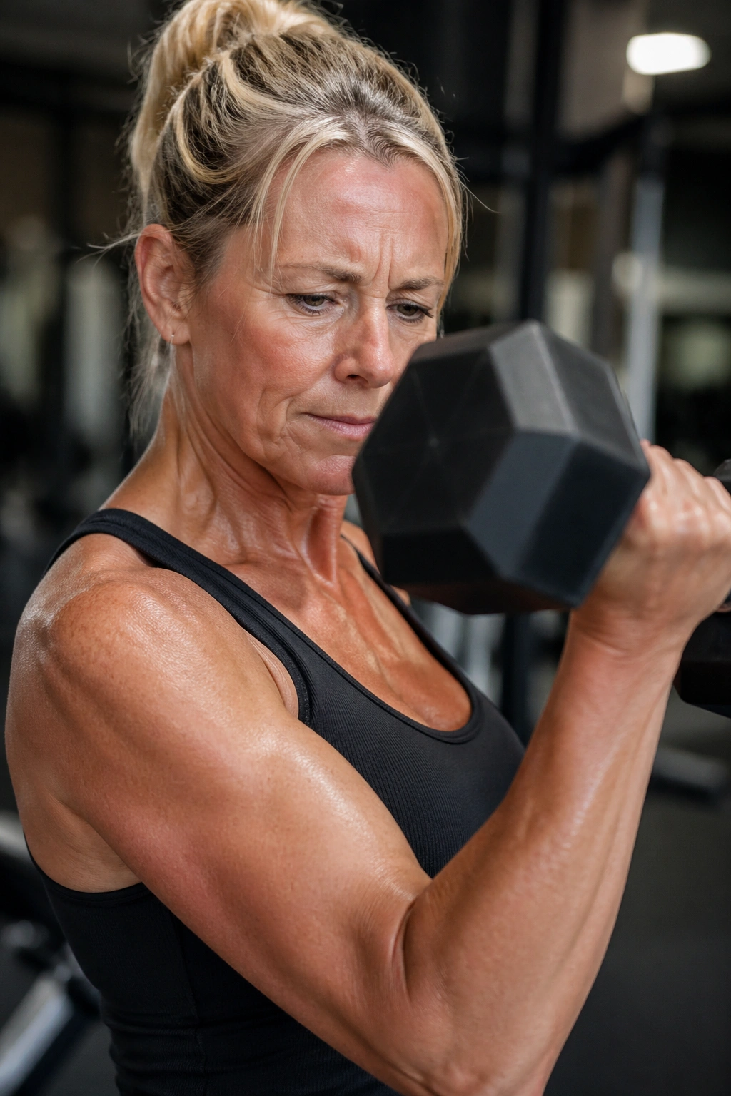 Portrait of a woman lifting heavy dumbbells during a strength workout