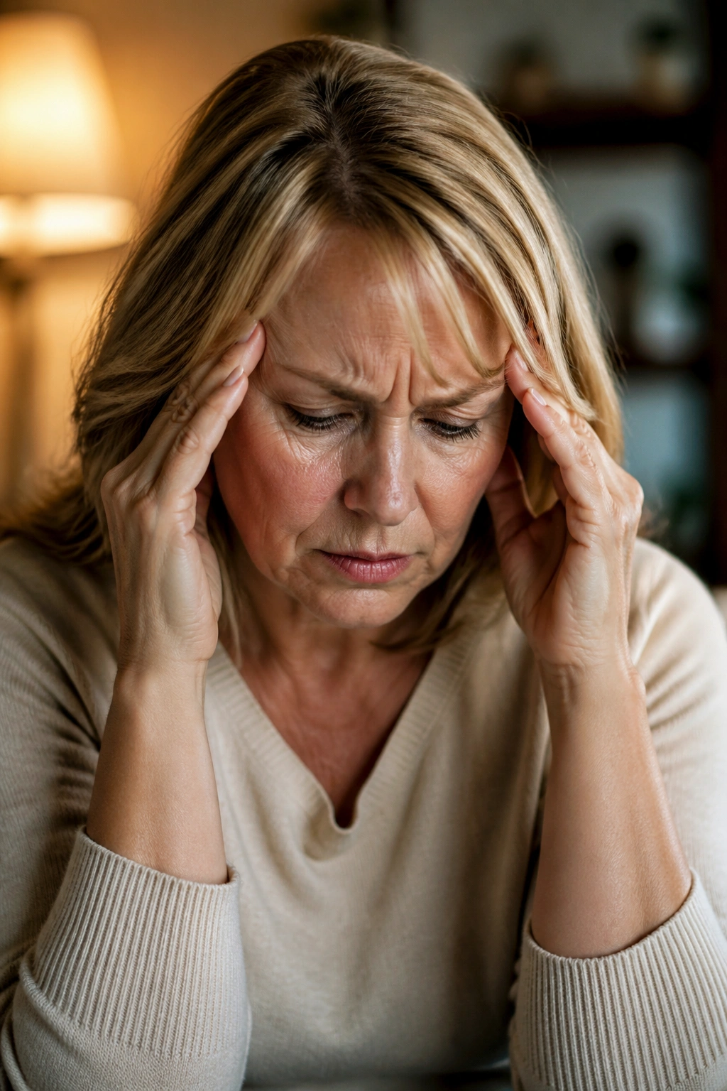 Close-up of a stressed woman in an indoor setting