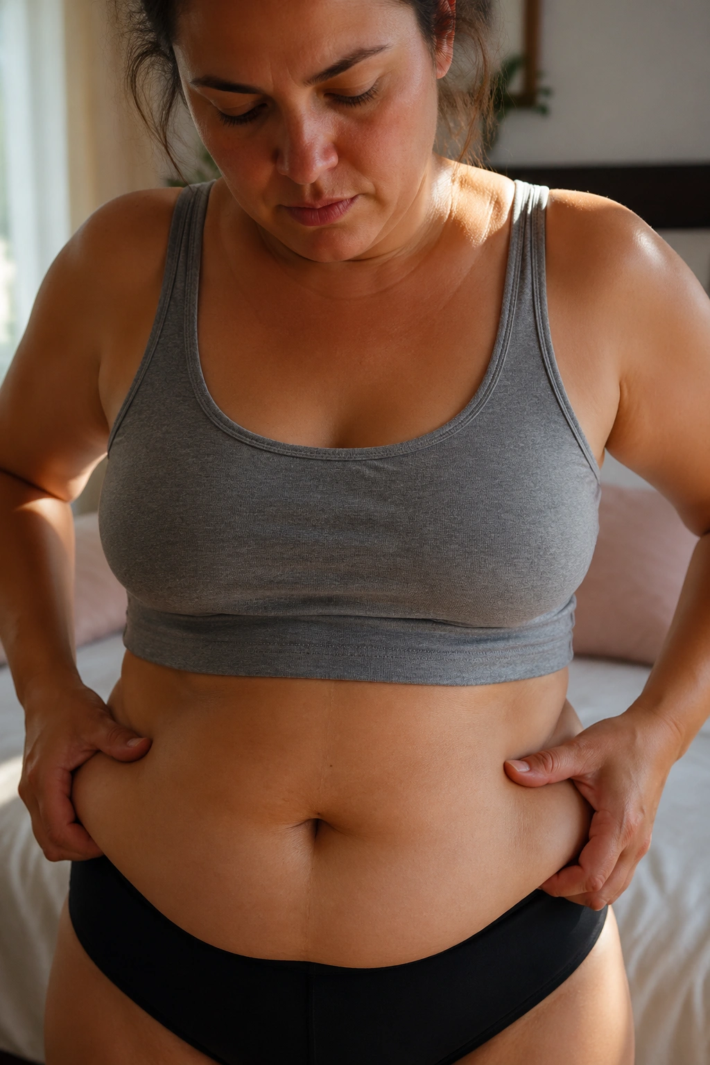 Close-up of a woman's midsection showing stress-related belly fat in a softly lit bedroom