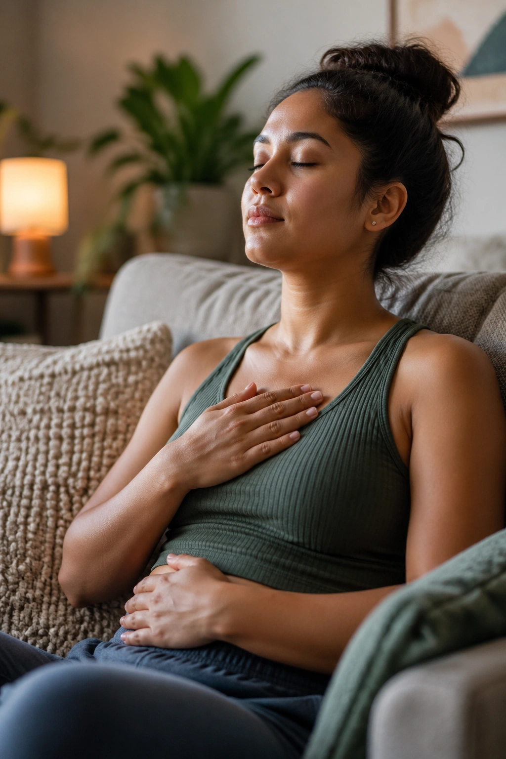 Person calmly breathing with eyes closed in a living room.