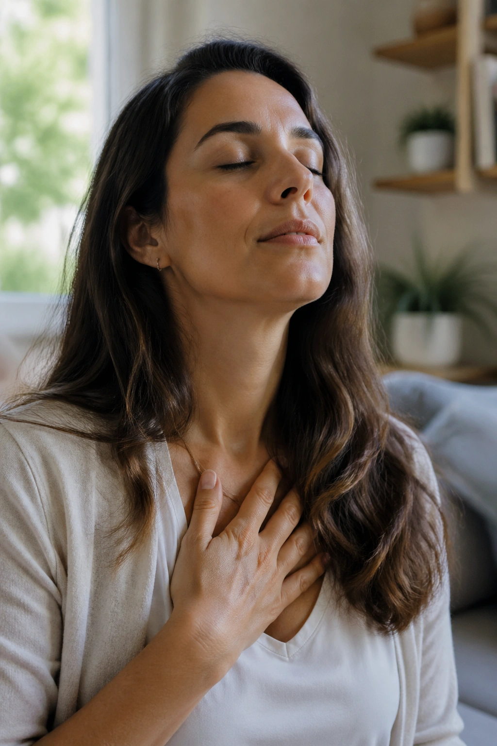 Close-up portrait of a person practicing slow breathing to lower chronic stress