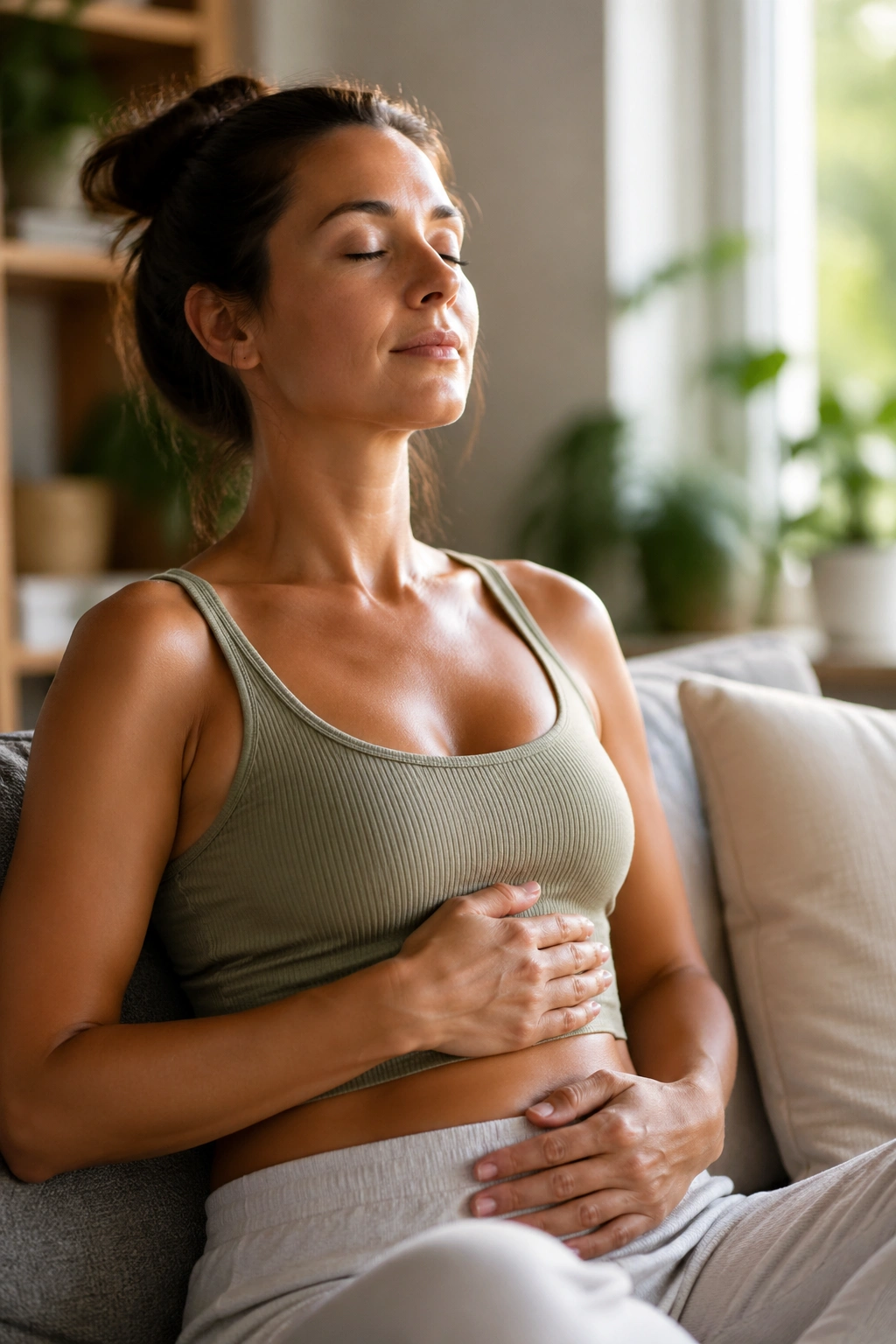 Close-up of a woman practicing slow breathing in a cozy living room