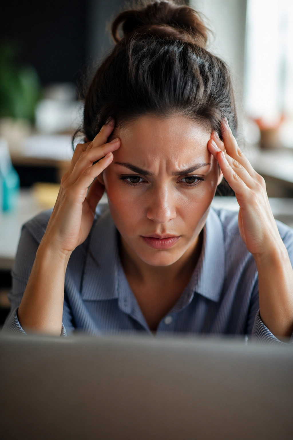 Close-up portrait of a stressed woman, reflecting cortisol-driven stress.