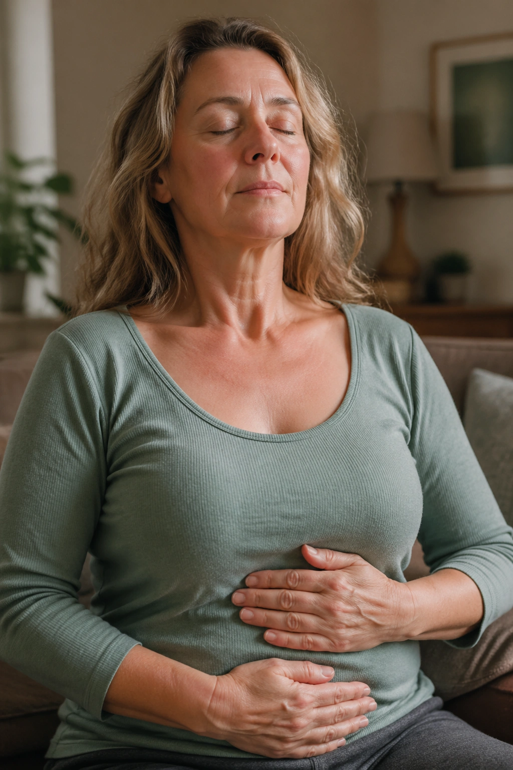 Close-up of a woman breathing slowly in a cozy living room