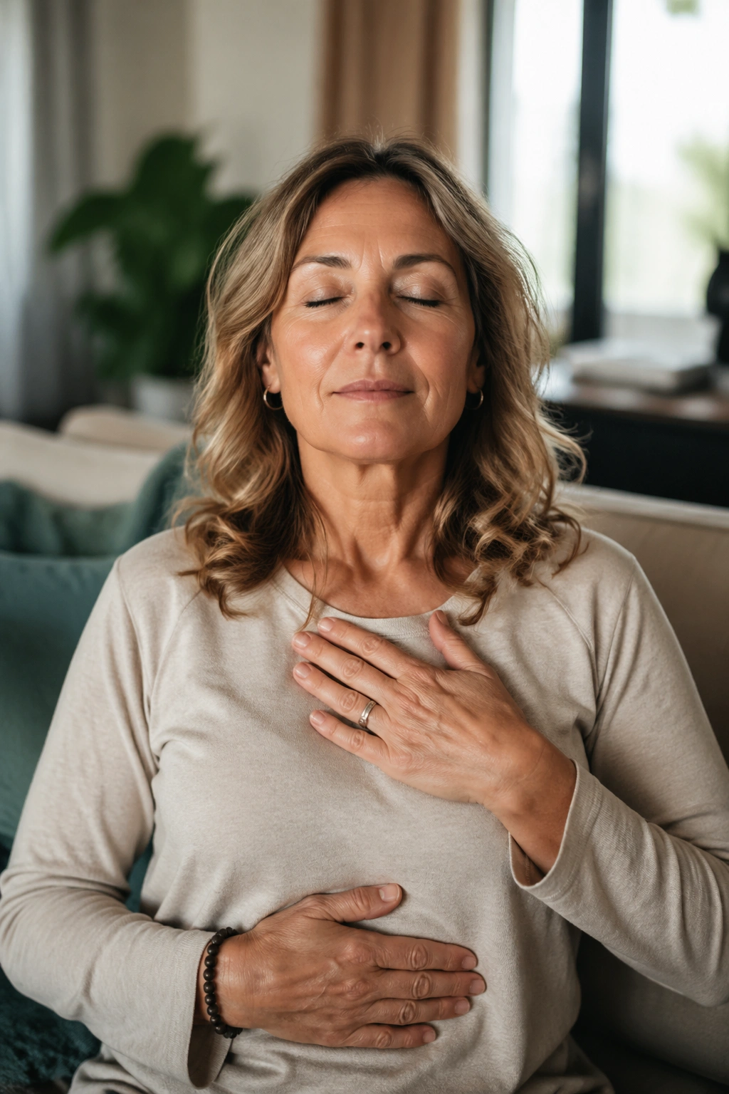 Woman practicing breathing in a calm living room