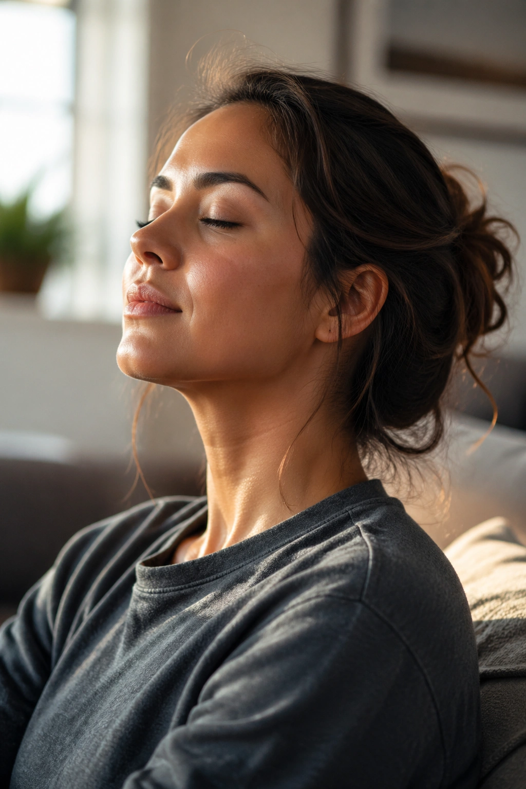 Close-up portrait of a calm person practicing stress relief