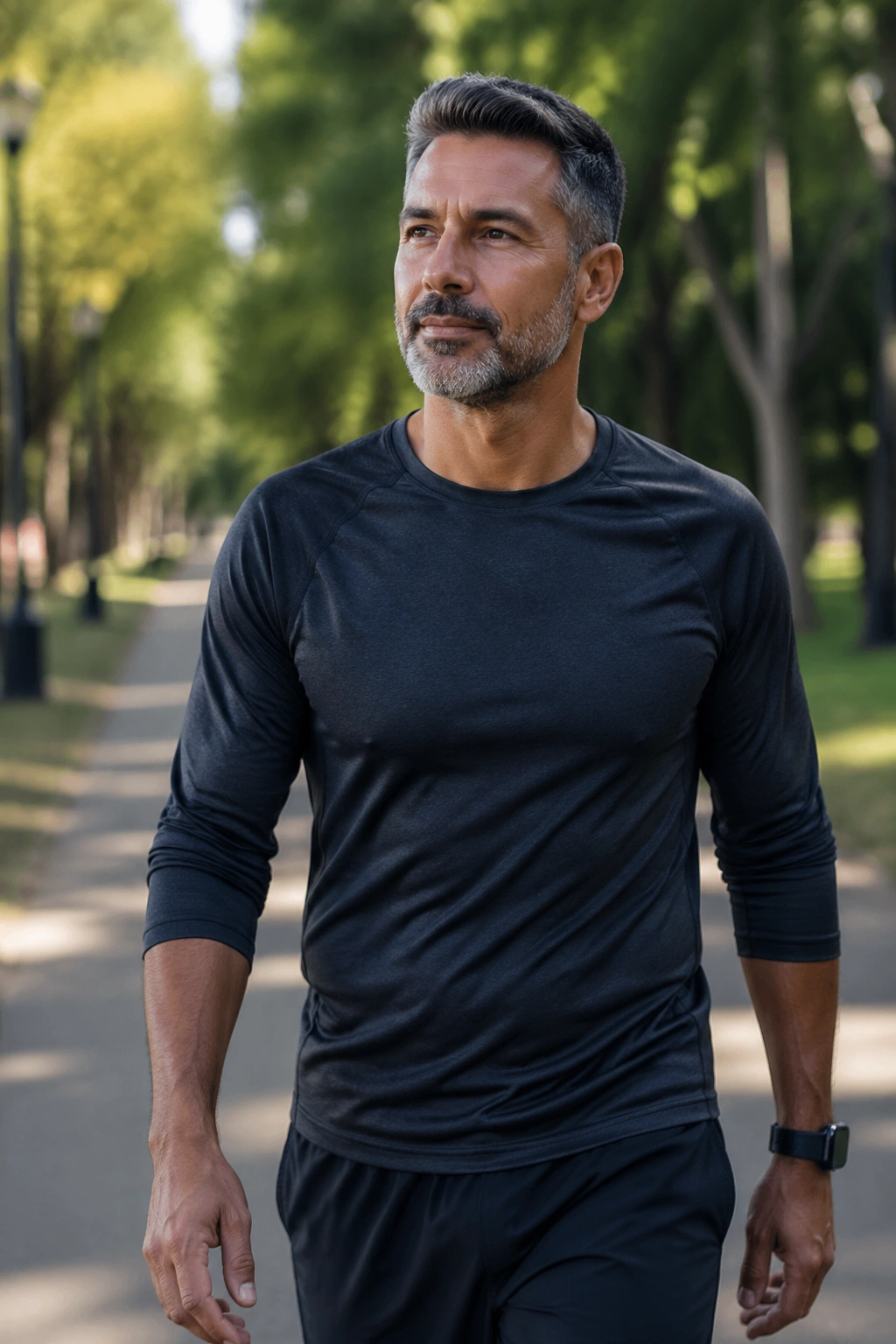 Person walking in park after work, calm expression