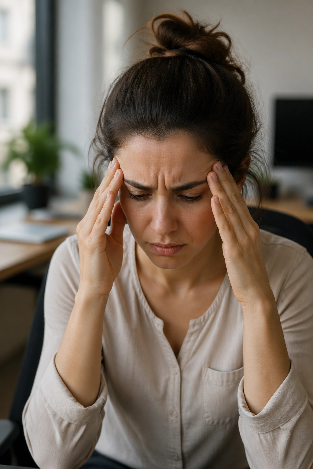 Tense face in an office setting reflecting stress
